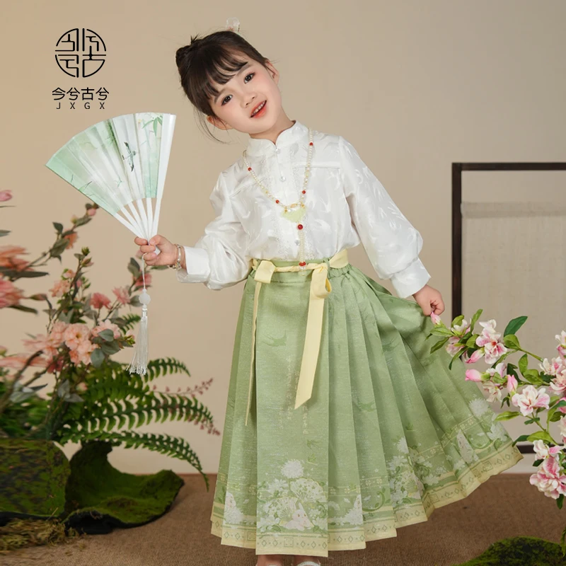 Hanfu Girls' Horse Face Skirt 2024 Spring Dress Improved Shirt Stand up Collar Shirt Versatile for Daily Use Ancient Chinese Sty