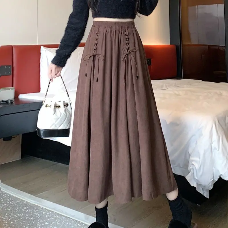 Women's Brown Corduroy Skirt Spring Autumn Mid-Length High-waisted Skirts Korean Style Elegant Clothes South Korea Vintage Long