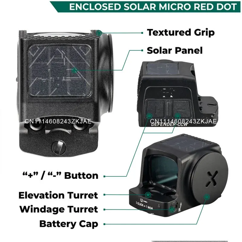 DEFENDER CCW-SOLAR 3MOA Mini Reflex Red Dot Sight RMSc Footprint Handgun Pistol Optic Sight Reticle w/20MM Picatinny Rail Mount