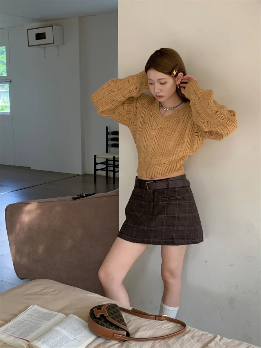 Design Sensation Hollow V-ne ort Sweater Dames losse slanke hoge taille buik ow gebreide top Lantern Sve Long Sve