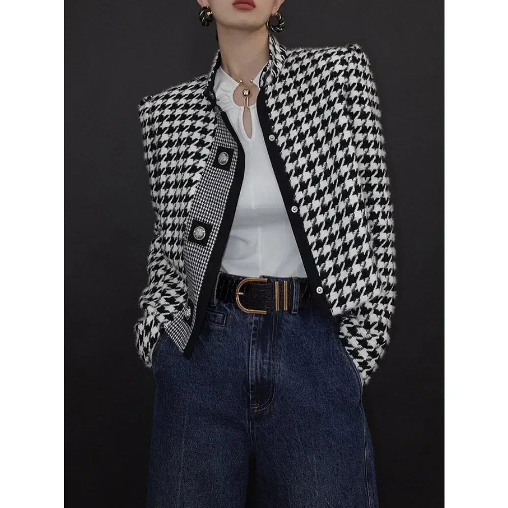 

Jennifer Office Lady Fashion Classics Houndstooth Jacket 2024 New Arrive Autumn Winter Coat Long Sleeves Stand Collar Outerwears