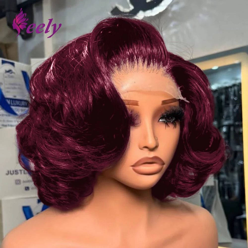 

Бургундский парик 99J, 13x4, с прозрачным кружевом, волнистый, модель «боб», 100% натуральные человеческие волосы, с естественной линией роста, короткий парик «боб», бургундские парики из натуральных человеческих волос