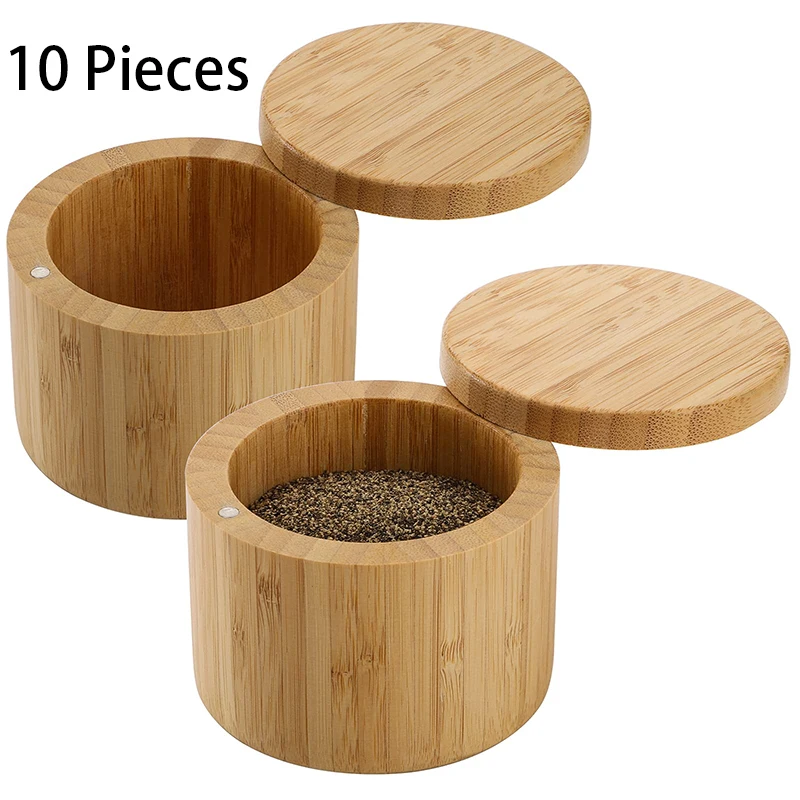 10 Pieces Bamboo Salt and Pepper Holder Box Spice Jars Spice Containers Seasoning Storage Box with Swivel Lid and Magnet Lock