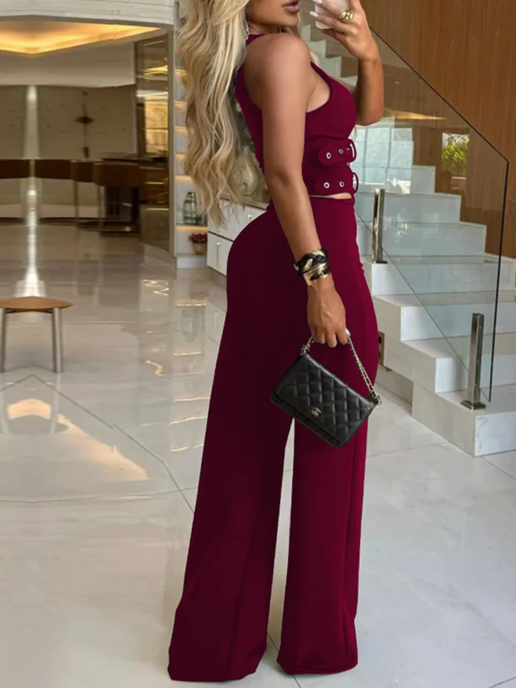 女性のセクシーな無地ノースリーブディープVネックタンクトップとハイウエストワイドレッグパンツ2点セット