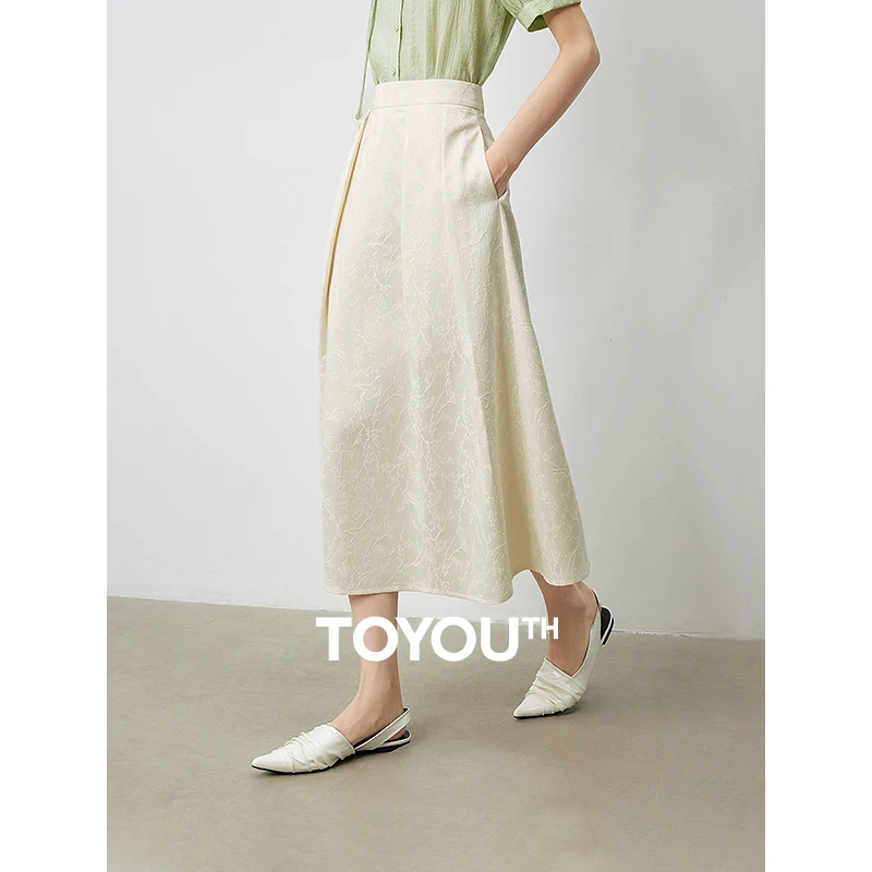 

TOYOUTH Women Skirt 2024 Summer New Chinese Style Jacquard Pocket A Line Mid Length Beige Pleated Skirt