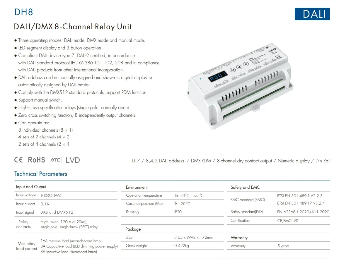 DH8 (DT7) Guida Din 8CH * 16A DALI e DMX RDM Controller unità relè a 8 canali Display numerico DC100-240V per luci a LED