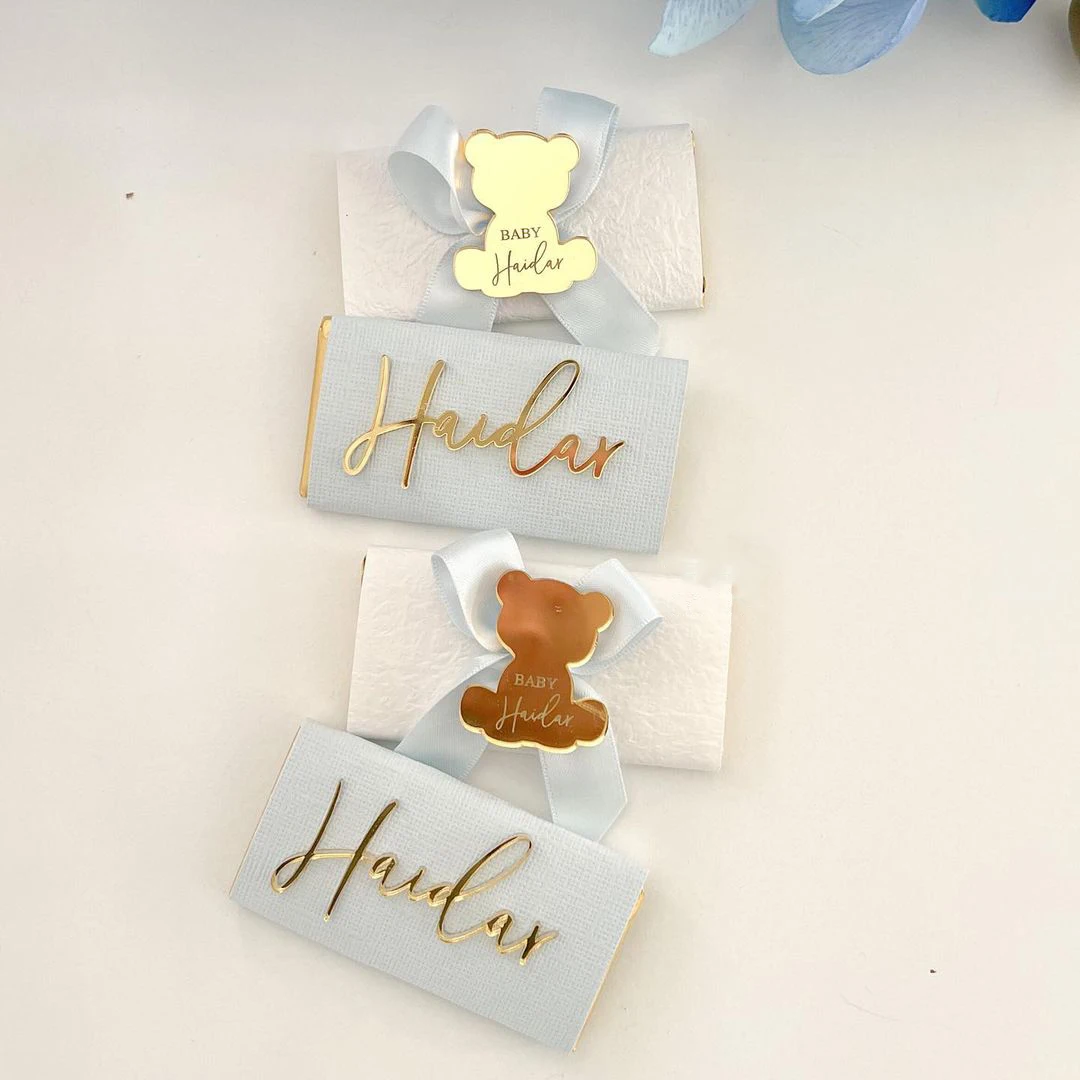 24Pcs Wooden Bear Baby Shower Chocolate Banner Personalized Name On Bear Favors Wood Tag For Your Baby\'s Baptism