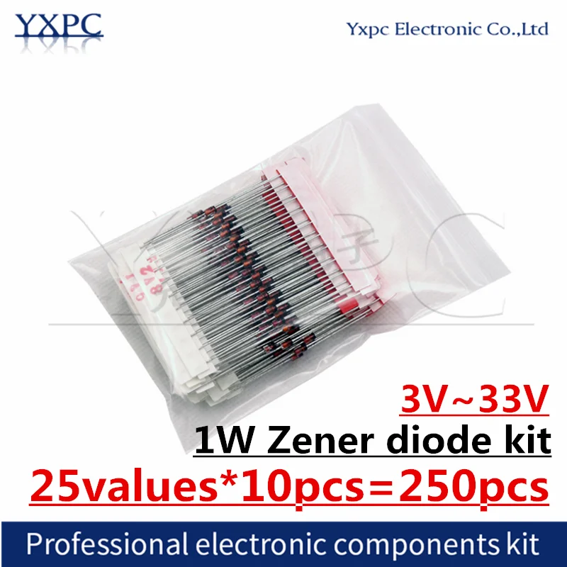 

25values X10pcs=250pcs 1W Zener diode kit 3V~33V DO-41 3V3 4V7 5V1 10V 13V 20V 27V 30V Assorted Assortment Set component DIY