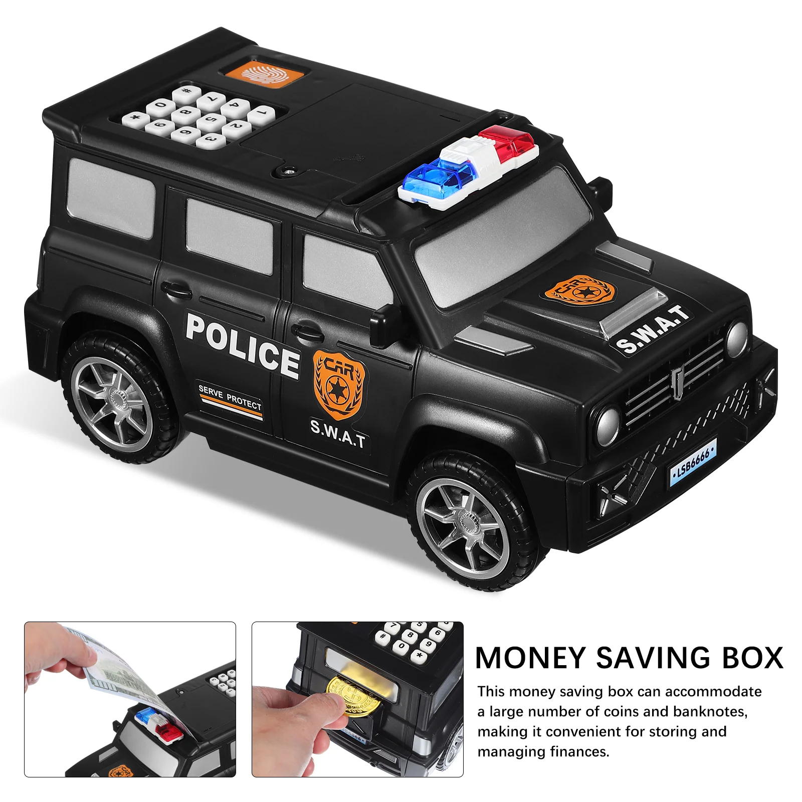 Fingerprint Piggy Bank for Bills Puzzle Police Car with Password Plastic Electronic Locking Child Toys