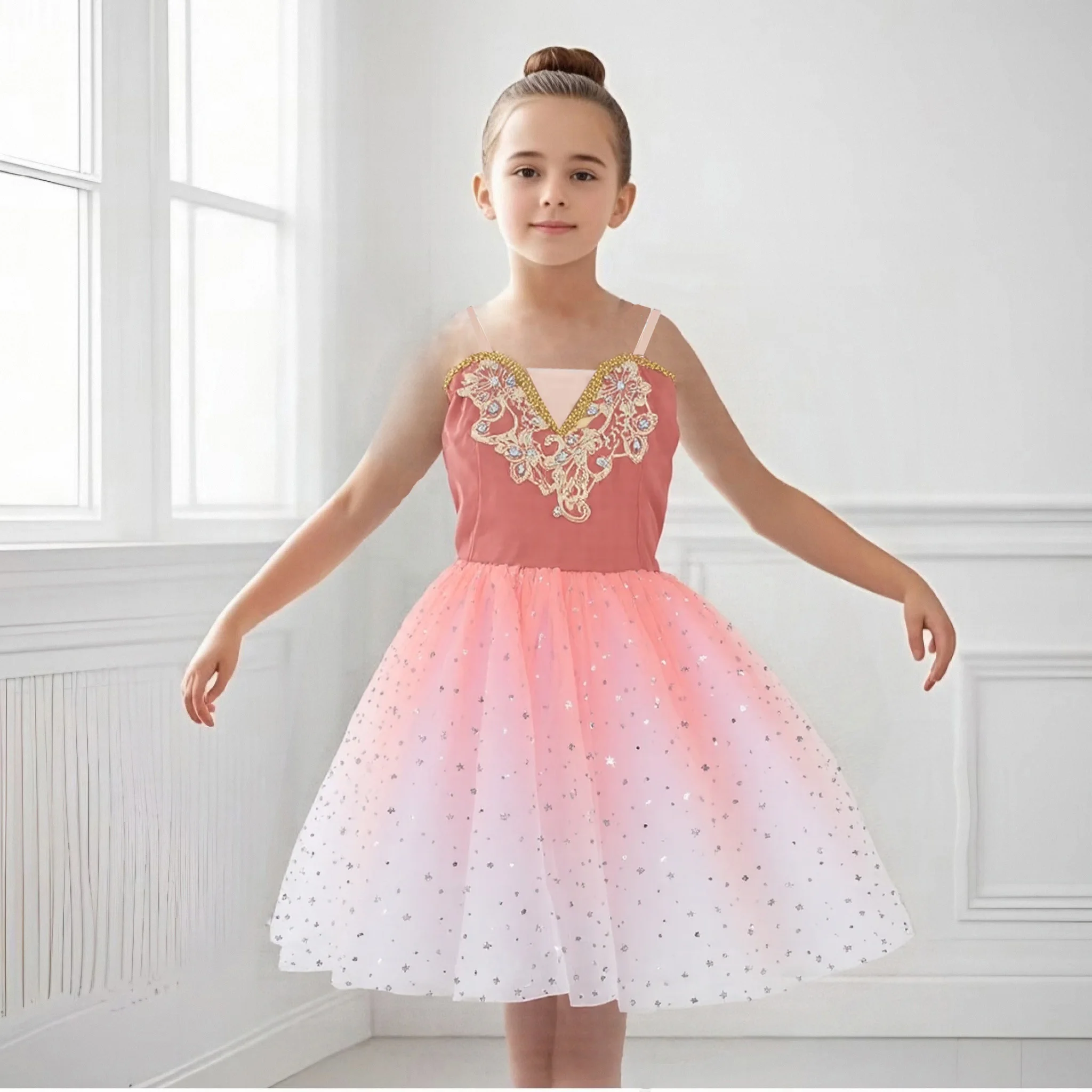 

Детская бальная одежда, балетное платье-пачка с блестками и цветами для девочек, платье-пачка для современного танца, балетное платье принцессы для девочек