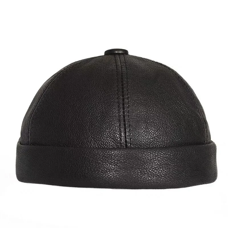 

Retro Real Leather Hat Chinese style Hat Sheepskin Cap Brimless Hat Warm Round Male Caps Fashion Winter And Autumn Luxury Hats