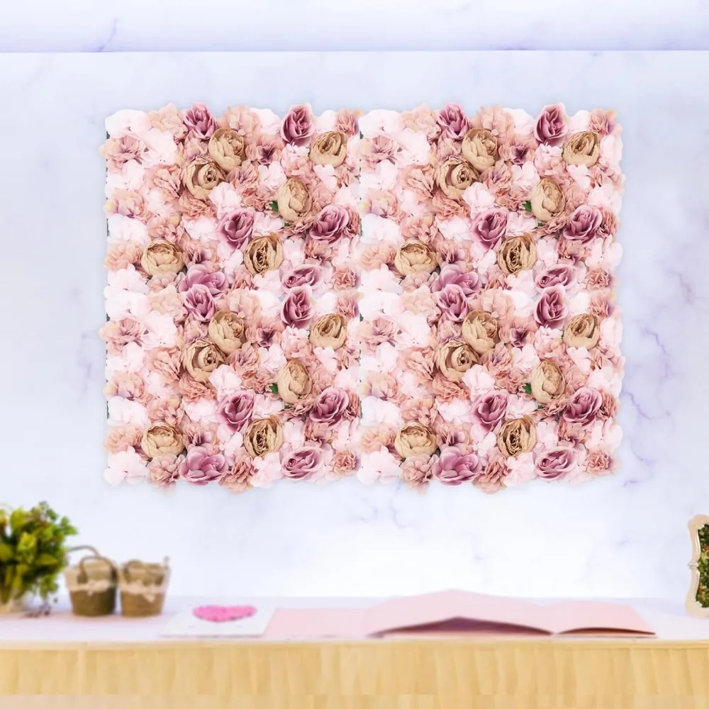 

6 PCS Artificial Flower Wall Panel Plastic Wall Background Silk Rose Mat for Wedding Backdrops Photography Buildings (Pink)