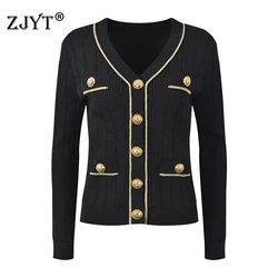 ZJYT Autumn Winter V Neck Cardigan Sweaters for Women Knitting Tops Elegant Metal Buttons Knitwears Black Jersey Mujer Fashion