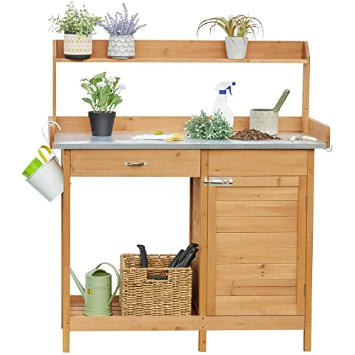 Outdoor Potting Bench with Metal Tabletop and Storage Drawer, Wooden Garden Work Station with Open Shelf and Hooks for Patio Backyard