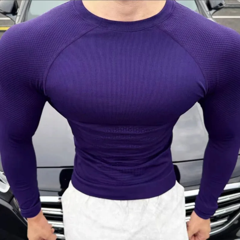 Men's Seamless Jacquard Long Sleeve Compression Shirt Stretch Breathable Running Training Tops