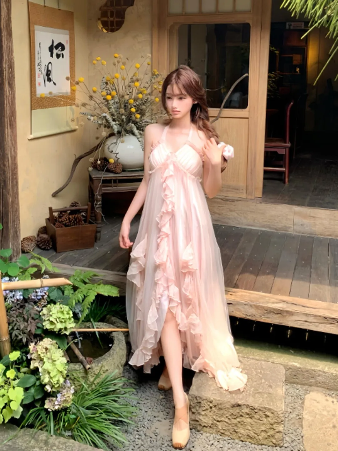 

Beachy Vacation Style Uneven Hem Fairy Halter Long Dress Beautiful Unique Summer 2026 Cotton Gauze Panel High Waist Midi Dress