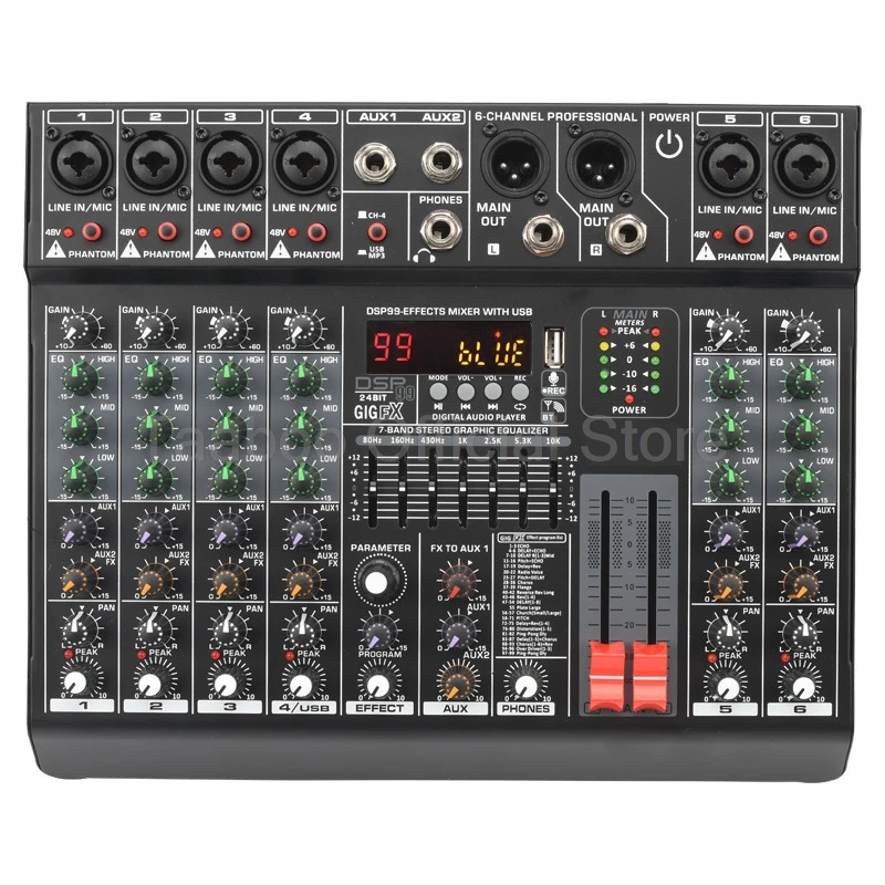 

LXT6 99 Effect 7 Band EQ Sound Audio Mixer 6 Channel With 2 Auxiliary Outputs Mixing Console USB PC Record Bluetooth AUX DJ