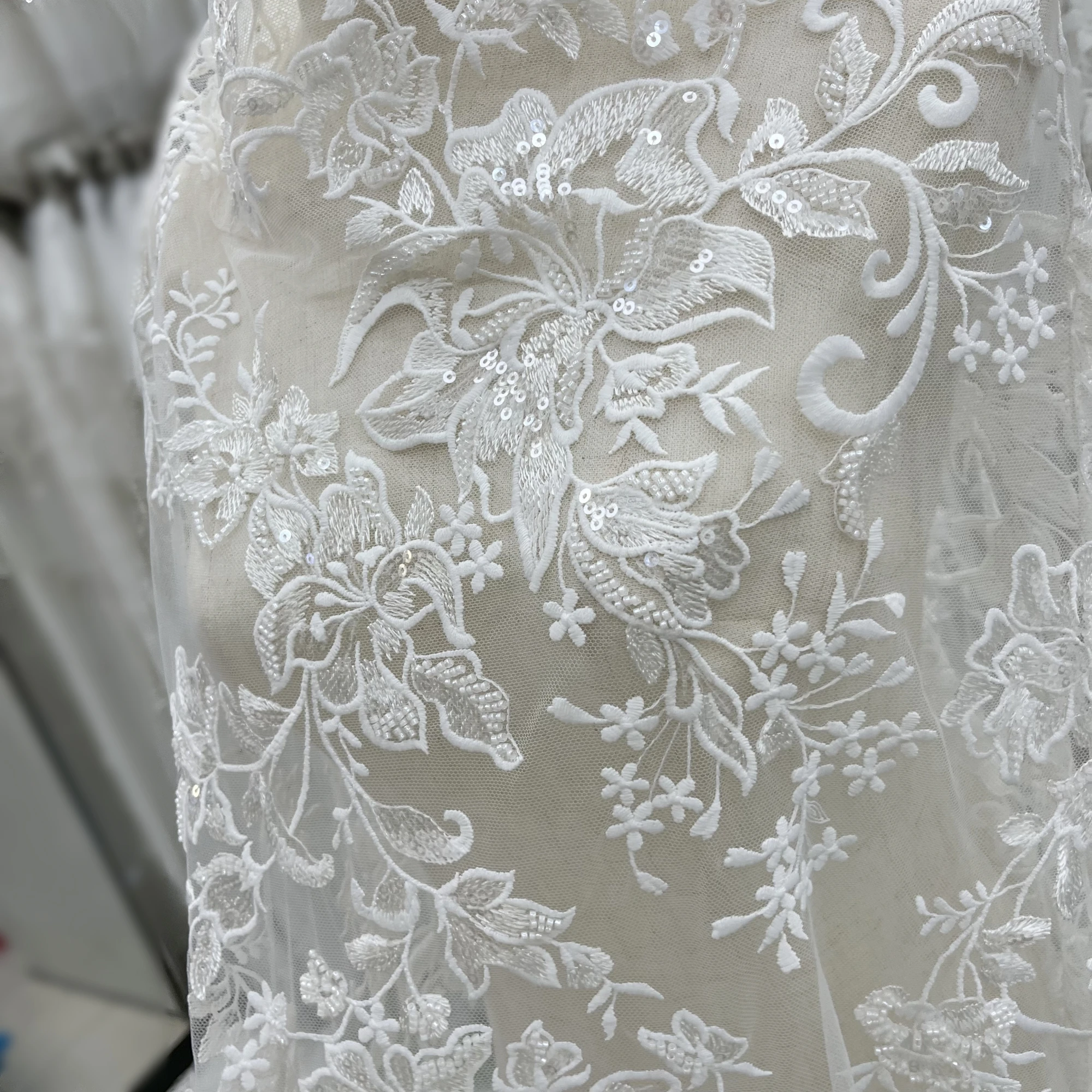 Exquisite New Sequins Beads Lace Fabrics Private Customized Wedding Dresses Bridal Wear Fabrics