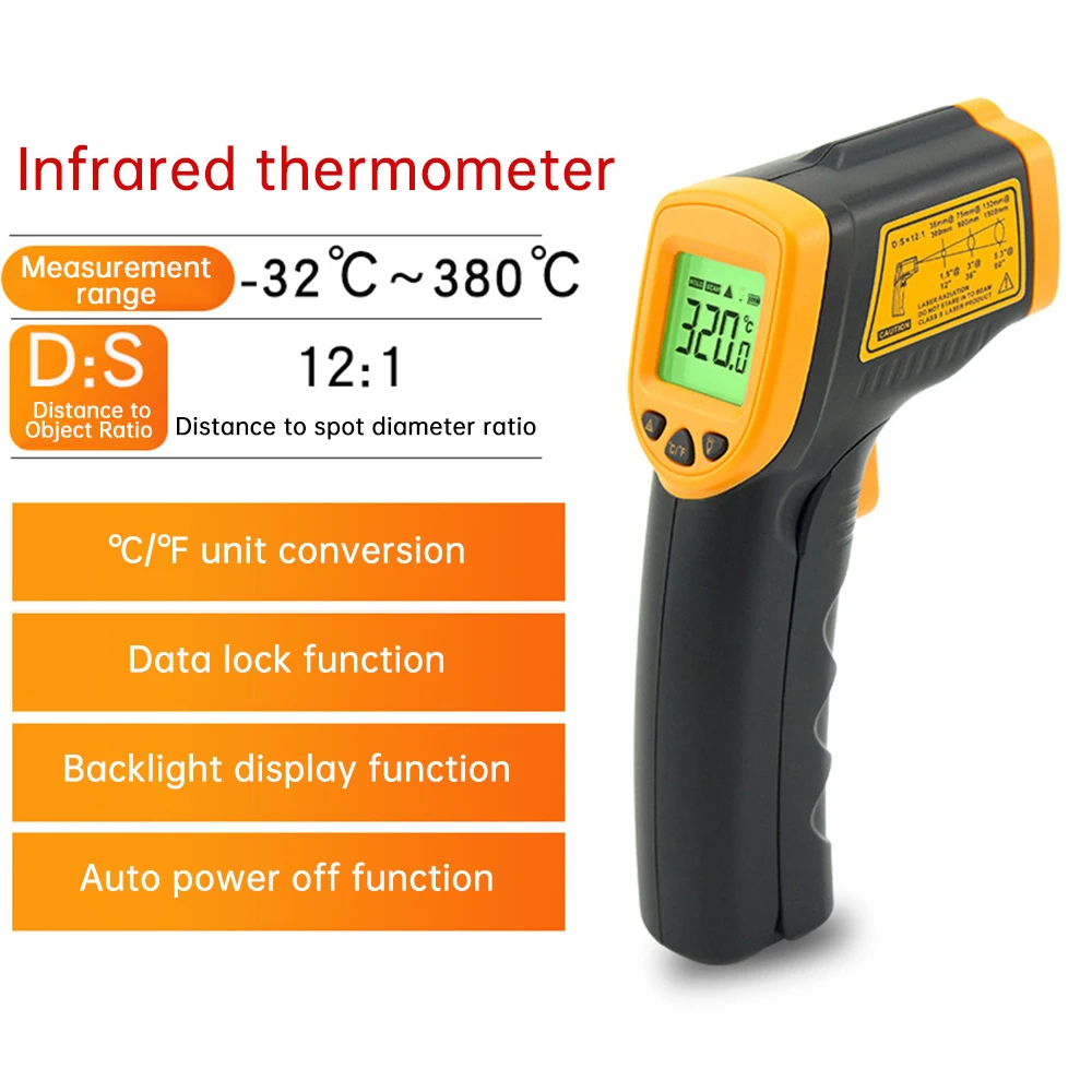 Digital Thermometer LCD Display NonContact Meter Temperature Sensor Pyrometer IR Laser Point -32℃~380℃