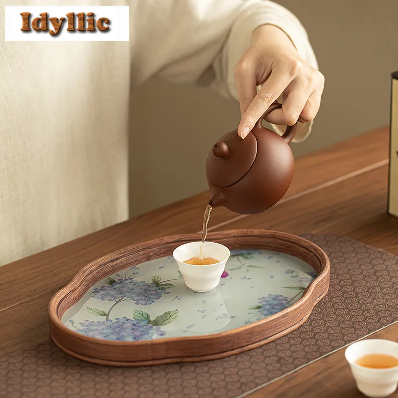 Hydrangea Made Of Bamboo Glass Tea Tray Snack Plate Coffee Storage Board Teapot Holder Dishes For Serving Cafes Accessories Gift