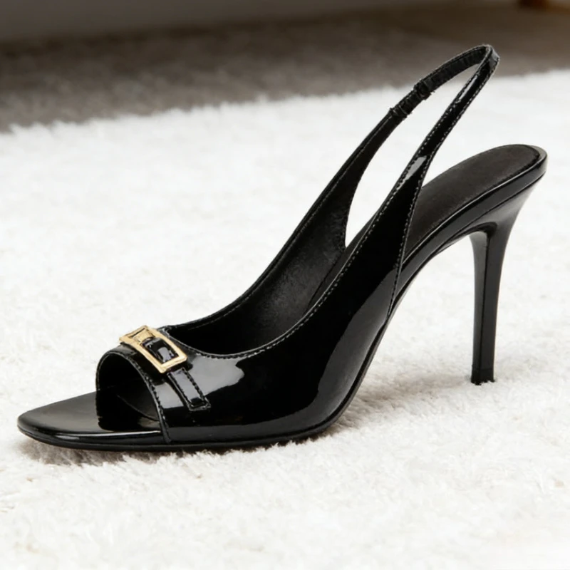 High Quality Patent Leather Heeled Sandals Women Fashion Belt Buckle Design Back Strap Designer Shoe Elegant Office Formal Heels