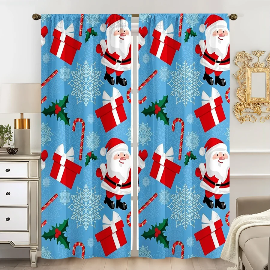 2PCS Digital Print Curtain, Cartoon Santa with Gift Boxes and Candy Canes, Snowflakes and Holly on Blue, Cute, for Bedroom Decor