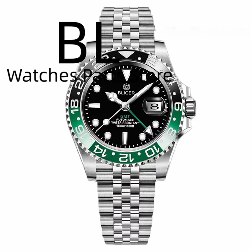 BLIGER Logotipo personalizado 40MM zafiro GMT Reloj mecánico para hombre bisel de cerámica 10Bar luminoso nuevo extremo enlace Glide Lock pulsera Reloj