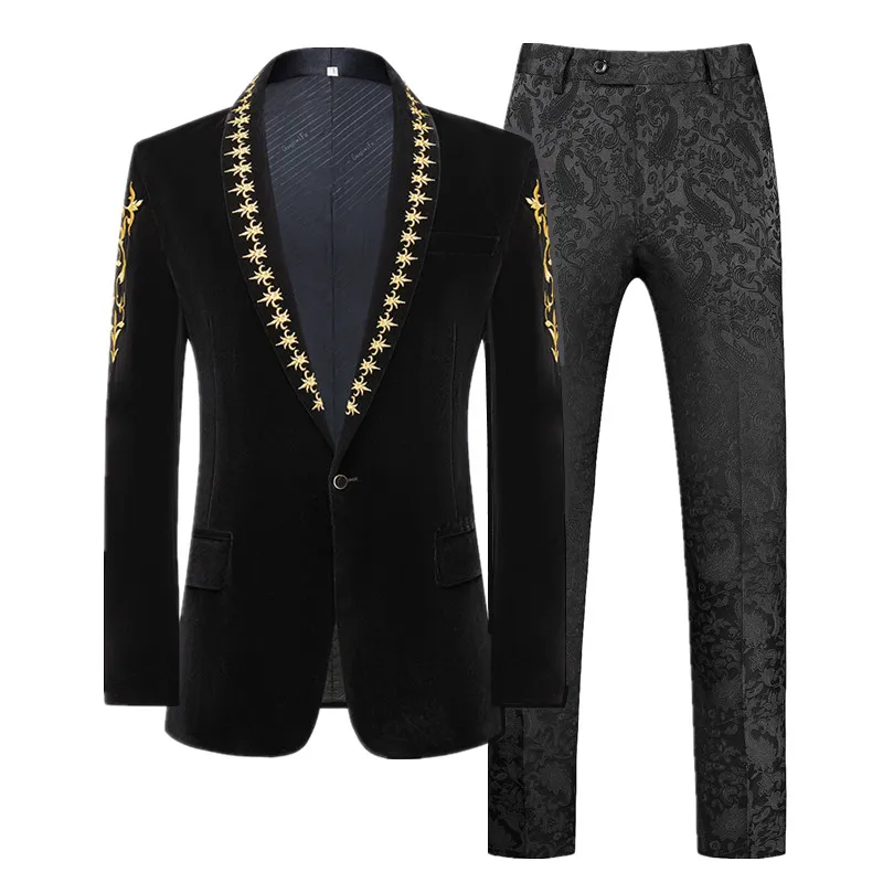 New Men Luxury Velvet Suit 2 Piece Classic Male Wedding Prom Party Stage Performance Patchwork Embroidered Blazers and Pants