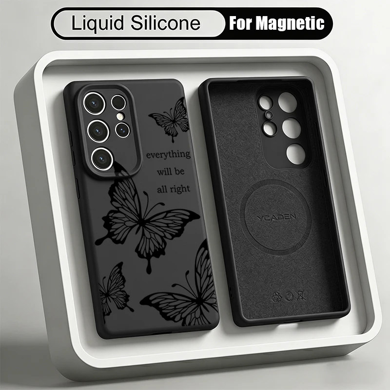 Liquid Silicone Magnetic Phone Case For Samsung Galaxy S26 S25 S24 Ultra Plus S23 S22 Ultra For Magsafe Butterfly Pattern Cover