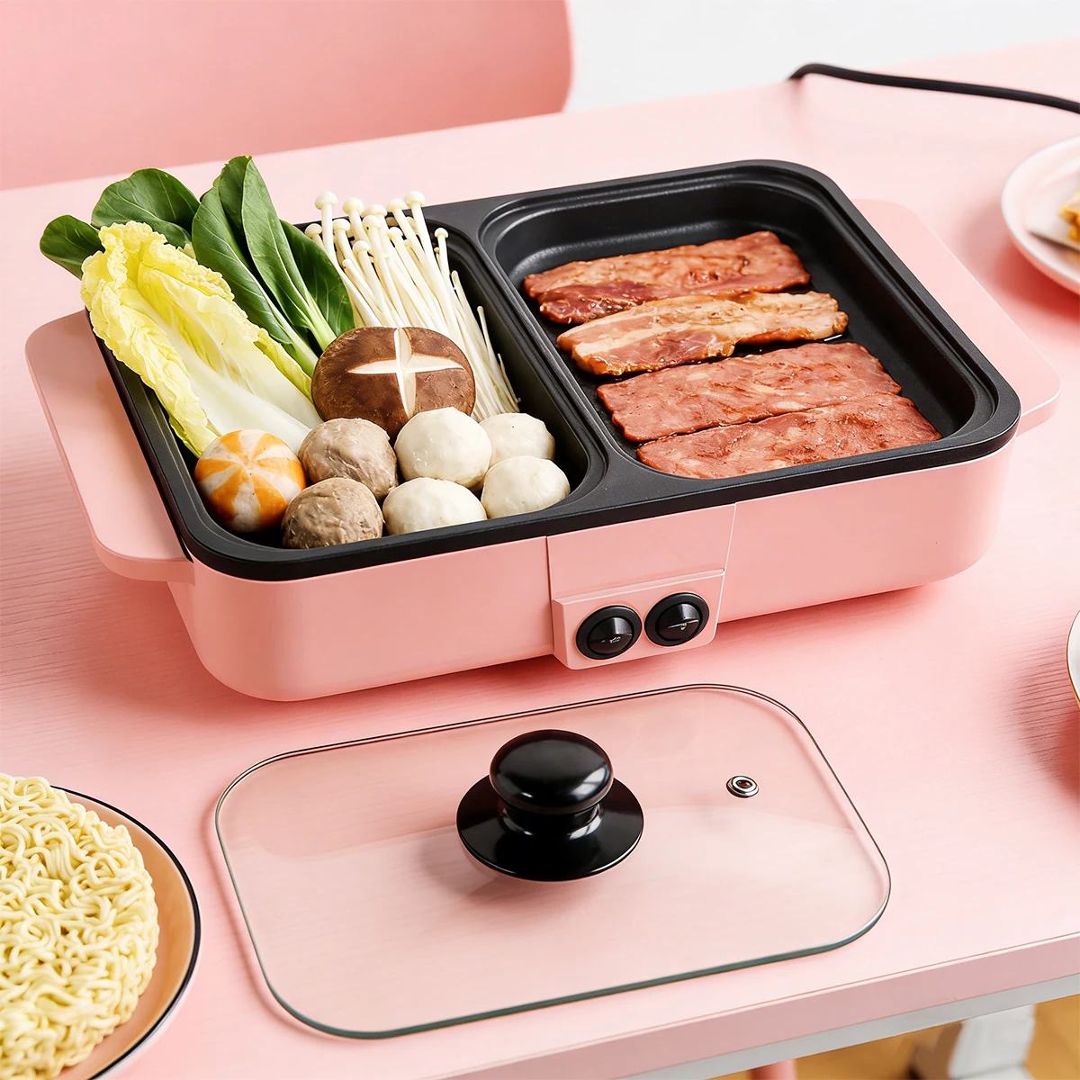 

US Standard Eletric Grill Pan,Griddle and Indoor Grill for Steak,Egg,Veggies and More,Nonstick,1200W,Timer & 2 Power Settings