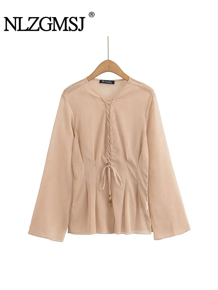 

NLZGMSJ винтажная шикарная женская блузка с завязками, v-образным вырезом и оборками, рубашки с длинными рукавами и бантом на шнуровке, модные весенне-осенние блузки 2023 г.