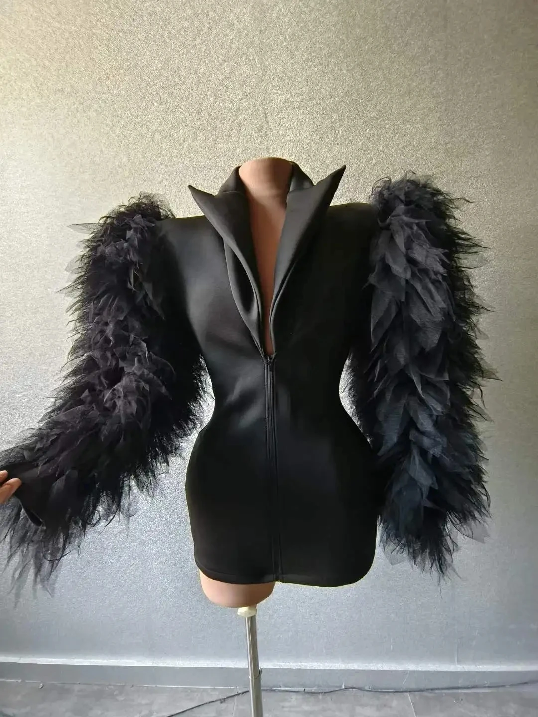 

Black Puffy Women Blazer Design Long Sleeve Zipper Night Bar Nightclub Party Birthday Queen Costume Stretch Drag Outfit