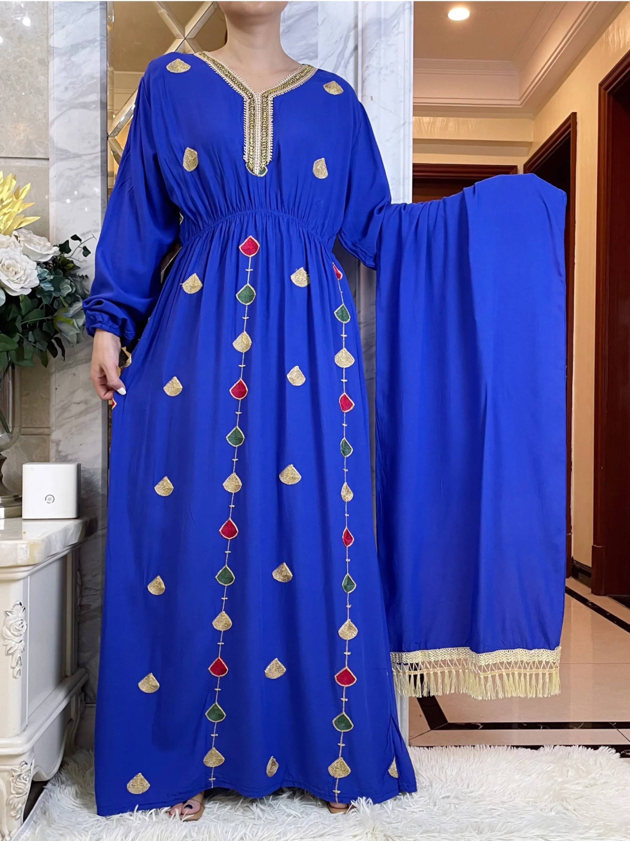 New African Summer African Long Sleeve Dresses Collect Waist Embroidery Floral Maxi Islam Women Cotton  Abaya With Big Scarf