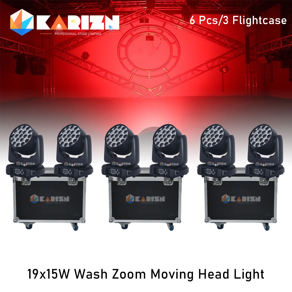 0 Tax 6Pcs Dmx512 19X15W Led Wash Zoom Rgbw Moving Head Light 3 Road Case Stage Spot Light Lyre Wash Zoom