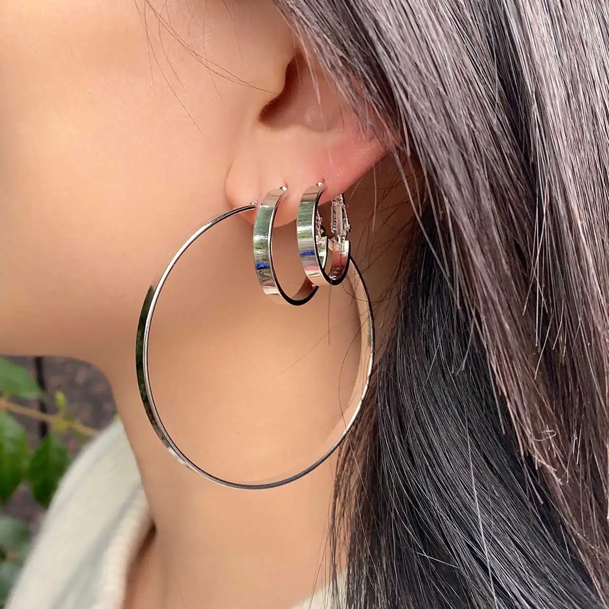 Fashion Silver Color Large Flat Hoop Earrings Geometric Metal Small Circle Earrings for Women Men Punk Statement Jewelry Gift