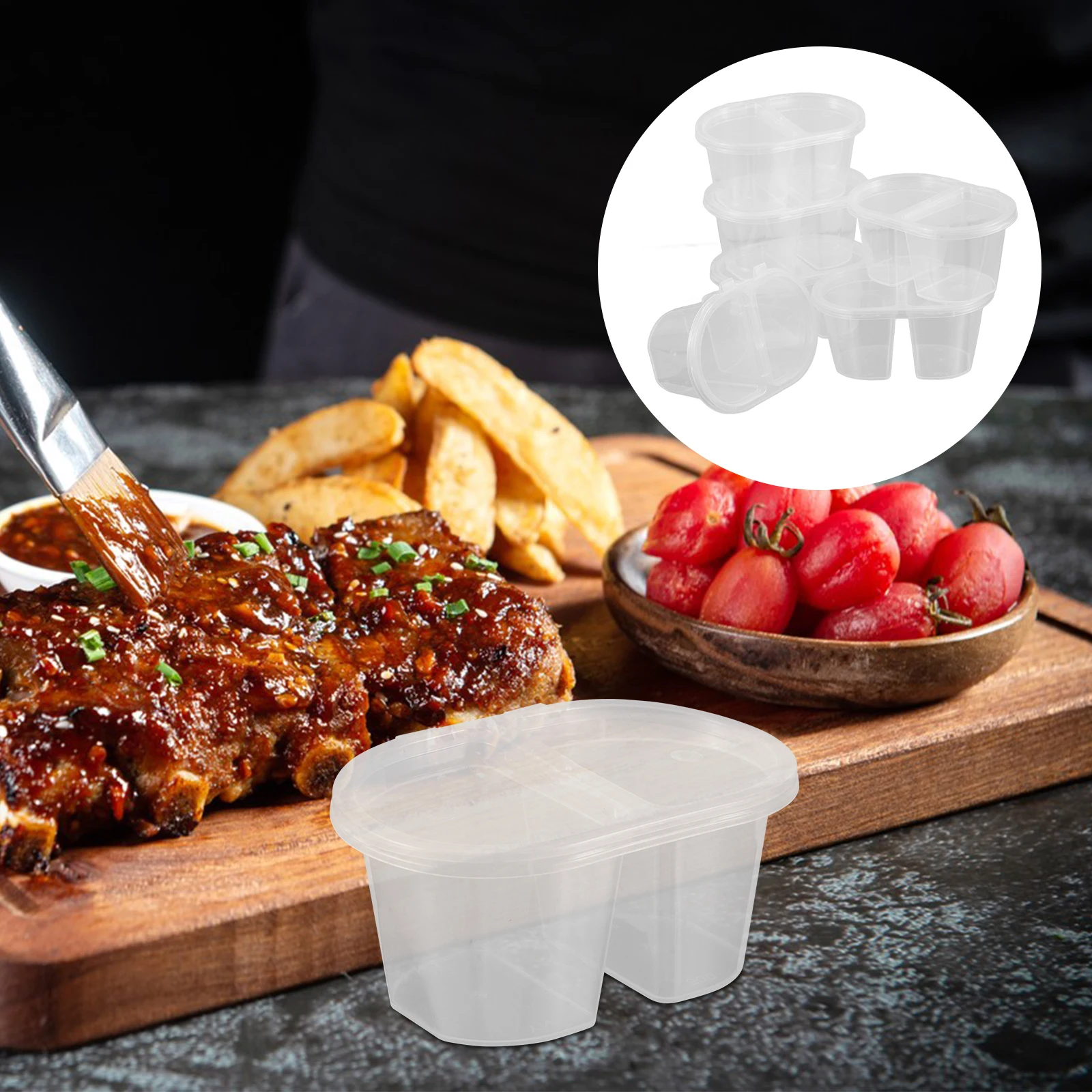 

100pcs Double Compartment Condiment Cups 100Ml Mini Sauce Containers Leakproof Lids Portable Disposable Plastic Snack Storage