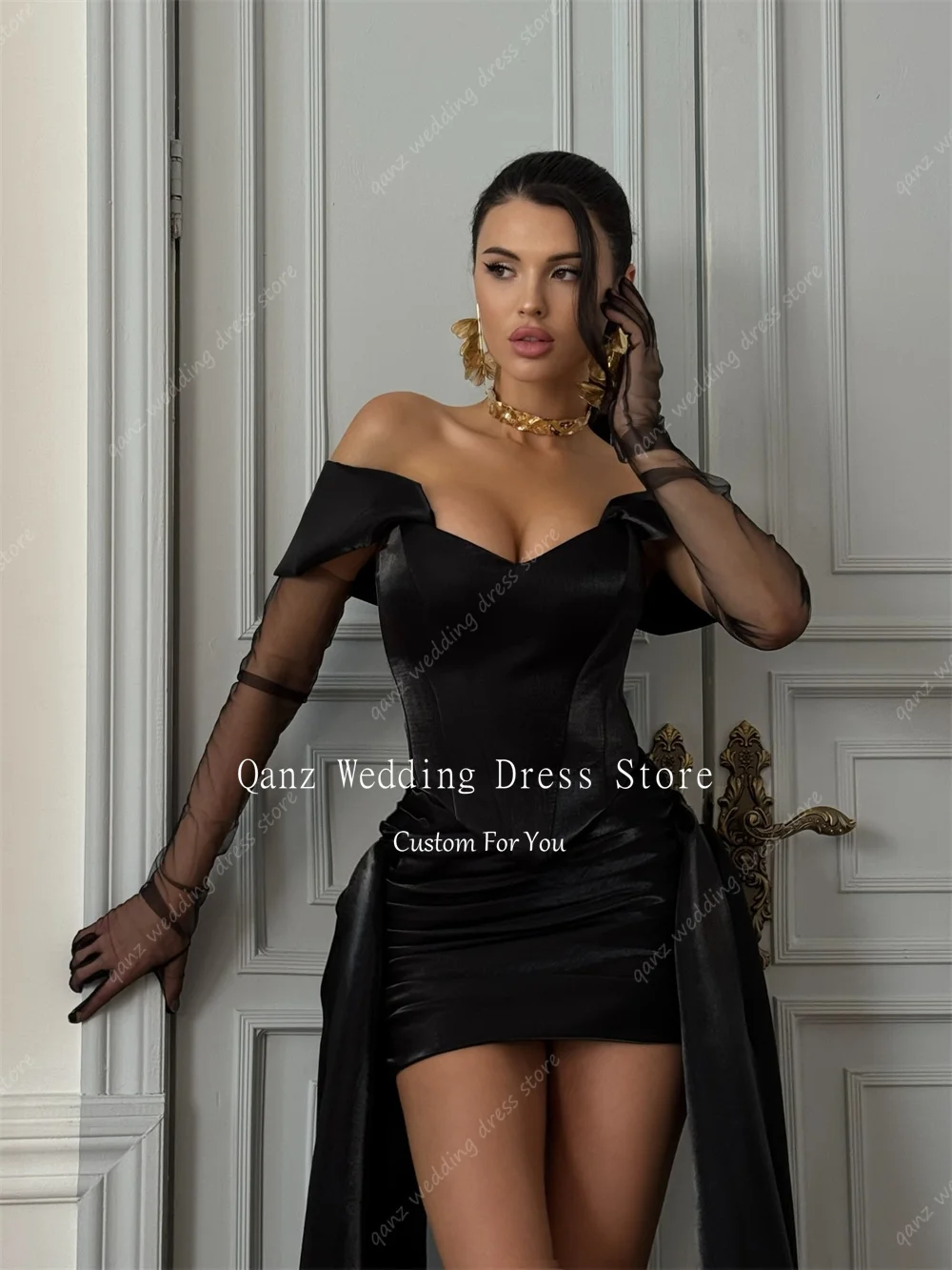 فستان Qanz للحفلات الراقصة الصغيرة من الساتان الأسود قبالة الكتف قصير لحفلات الاحتفال بعيد الميلاد مثير للنساء من فيستدوس بارا موخير مخصص