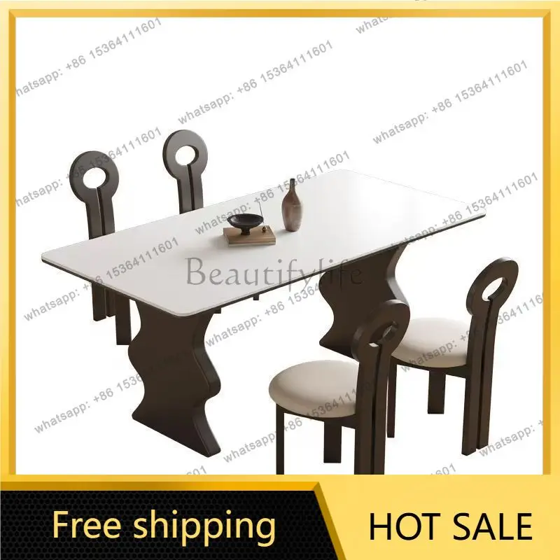 PG French antique rock slab dining table household solid wood rectangular black ripple new