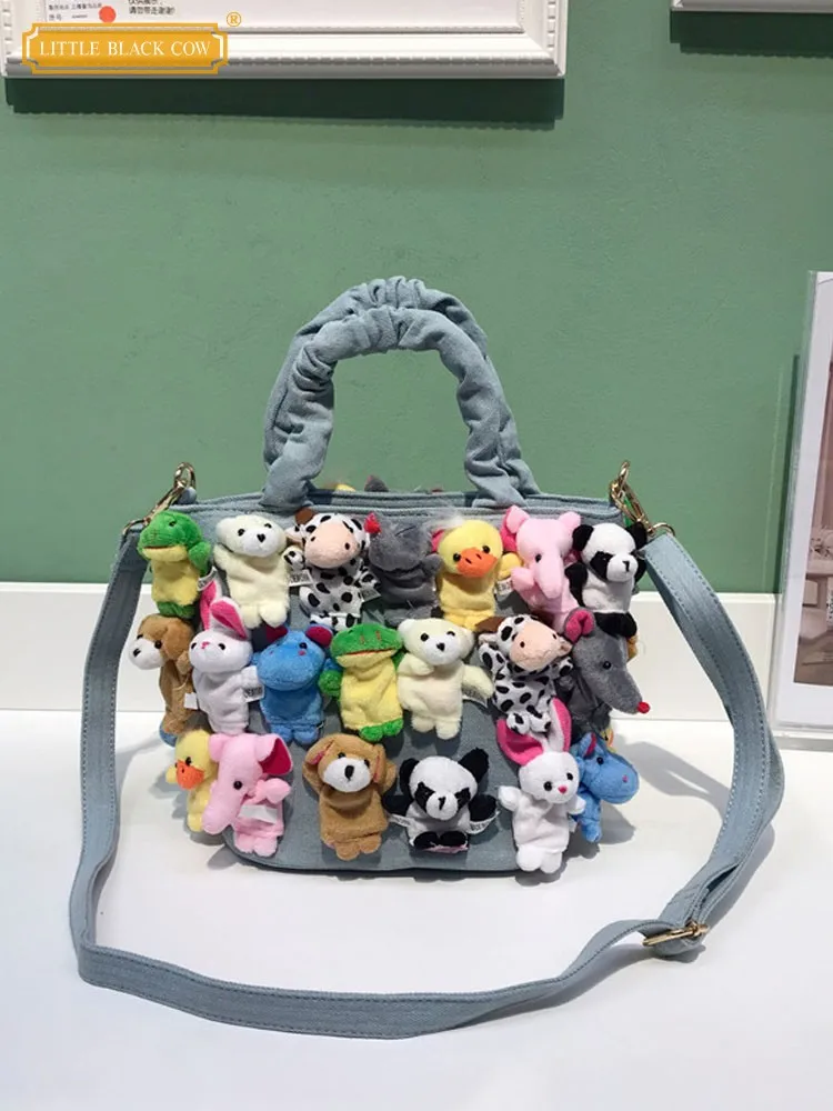 Women Kawaii Bucket Totes Fashion Crossbody Bags Cartoon Decoration Denim Handbags Casual Fashion Ladies Single Shoulder Bags