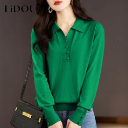 2023 Autumn Winter New Solid Color Fashion POLO Collar Long Sleeve Knitting Pullovers Women Button Vintage Elegant All-match Top