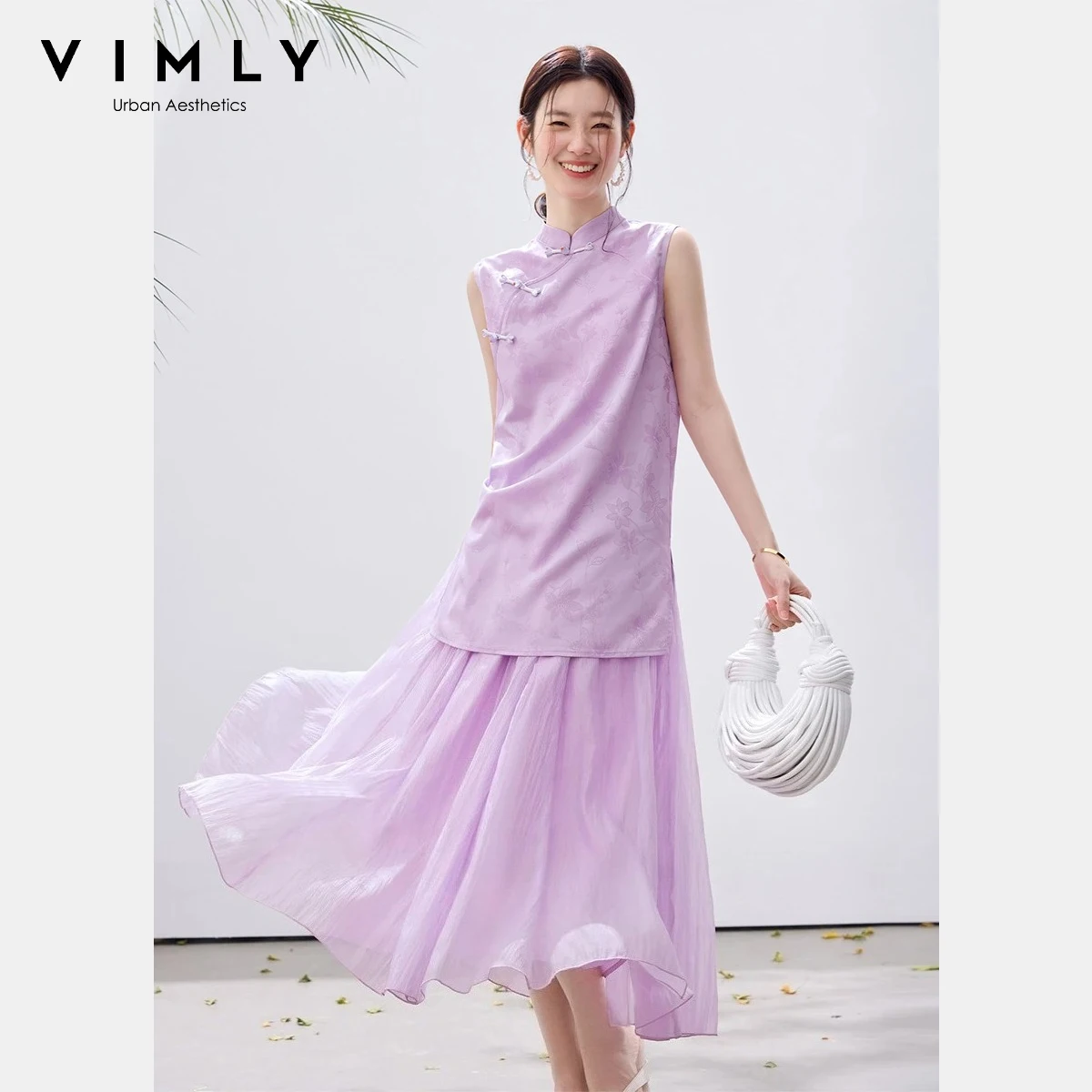 

VIMLY Women's Chinese Style Two-Piece Set Stand Collar Asymmetrical Frog Button Sleeveless Top Organza Long Skirt Sets A6177