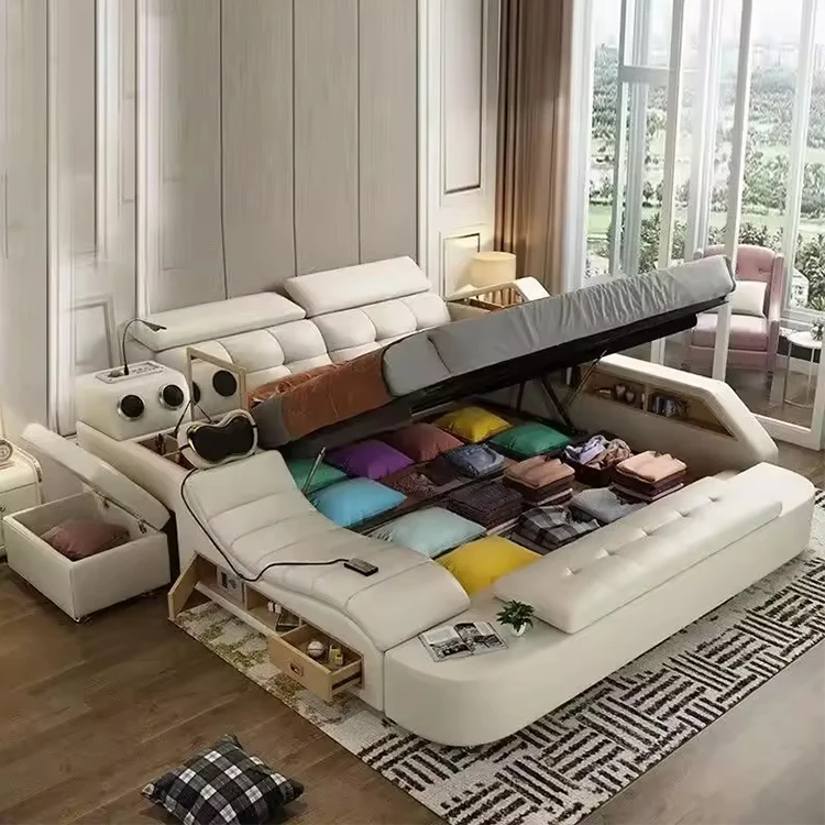 For Modern Multifunctional Wooden Massage Bed High Genuine Leather Tech Smart  Ultimate Tatami Beds Bluetooth Speaker