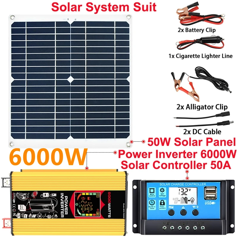 

Solar Power Generation System 6000W Power Inverter with Smart LCD Display Dual USB 12V To 110/220V with 50A Solar Controller Set