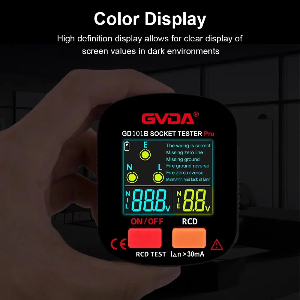 GVDA Socket Tester Pro Voltage Test Digital Outlet Socket Detecter EU Plug Ground Zero Line Plug Polarity Phase Checking GD101B