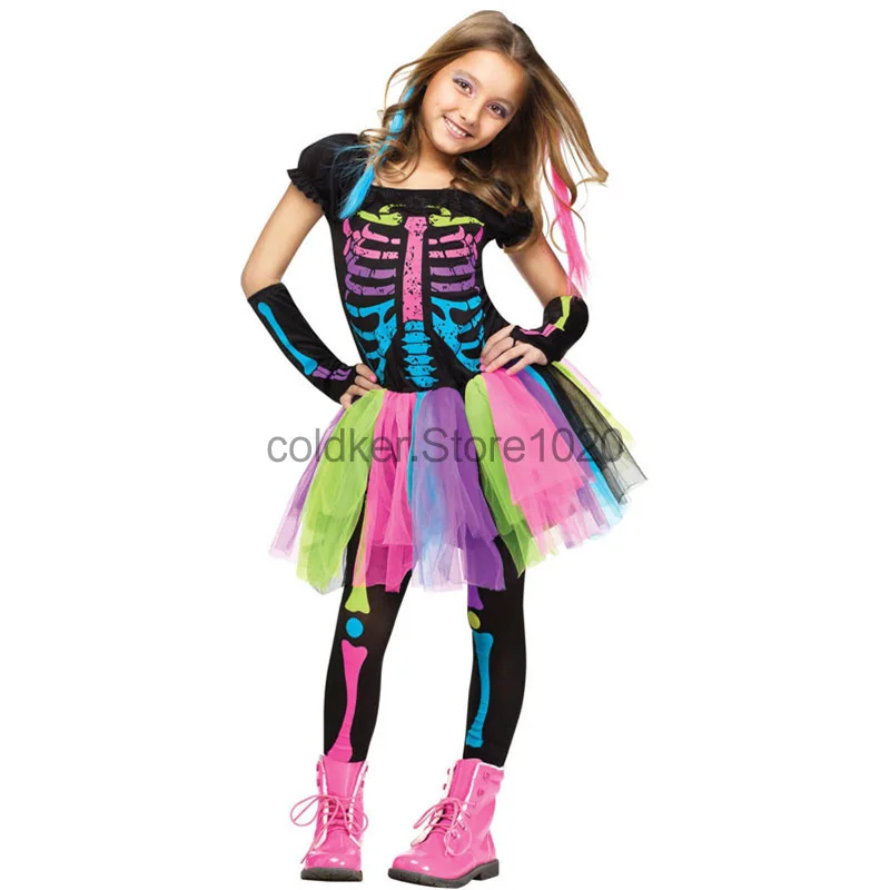 2024 Children Fancy Rainbow Skeleton Ghost Costume Kids Punky Skeleton Tutu Dress Girls Halloween Purim Carnival Party Outfits