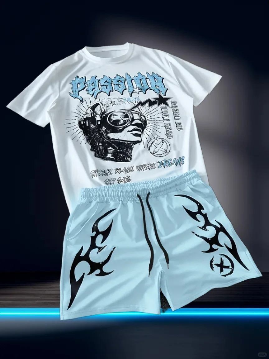 

2025/26 НОВАЯ летняя мужская модная дышащая удобная футболка с круглым вырезом и принтом букв, комплект с шортами, уличный повседневный топ