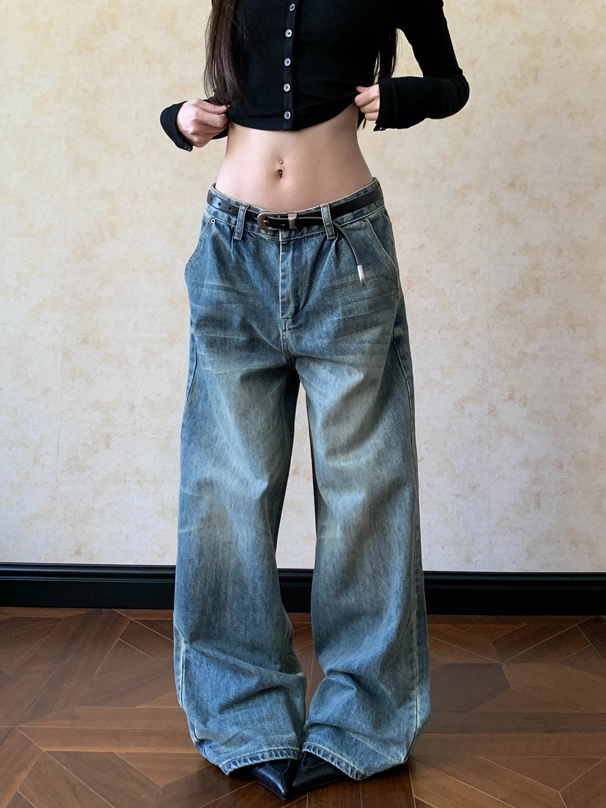 

Aket American Retro Faded Wide Leg Jeans Women's Spring Trendy Loose Wa Slimming Pants High Waist Denim Cotton Jeans