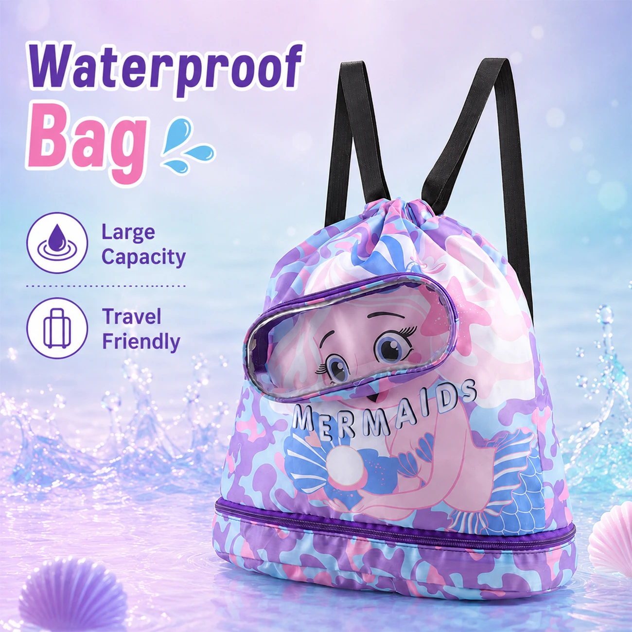 1PC Waterproof Beach Gym Backpack Mermaid Drawstring Swim Bag Draw String Bags for  Swimming Bag With Shoe Compartment