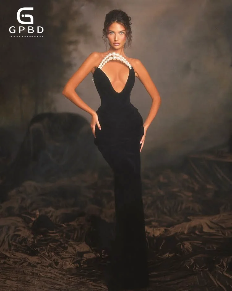 

2025 New Summer Black Color Women Sexy Strapless Pearl Beading Bodycon Long Bandage Dress Fashion Celebrate Evening Party Dress