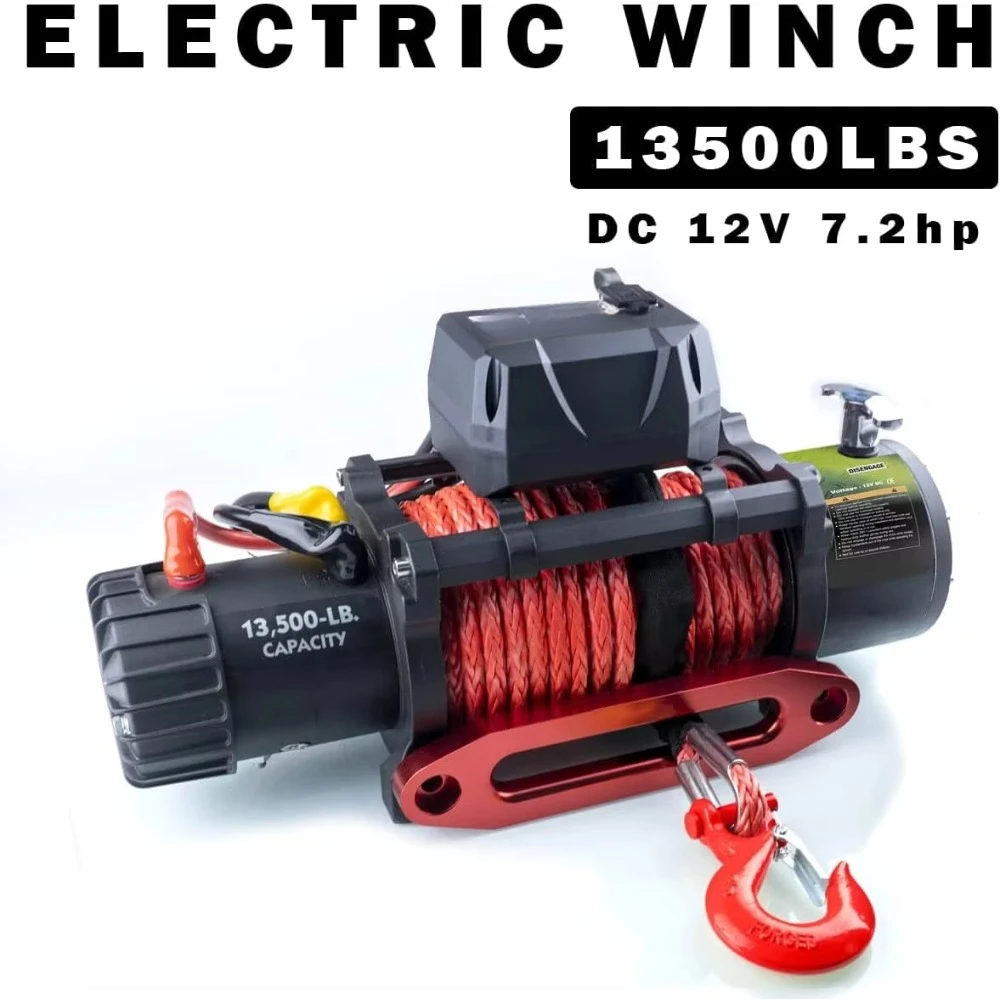 13500lb Waterproof Electric Red Synthetic Rope Winch with Hawse Fairlead, Wired Handle and 2 Infrared Remote(13500LB RED)